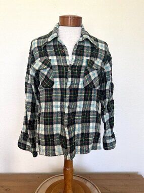 70's/80's Wool Flannel - Montgomery Ward - Green Plaid - XL